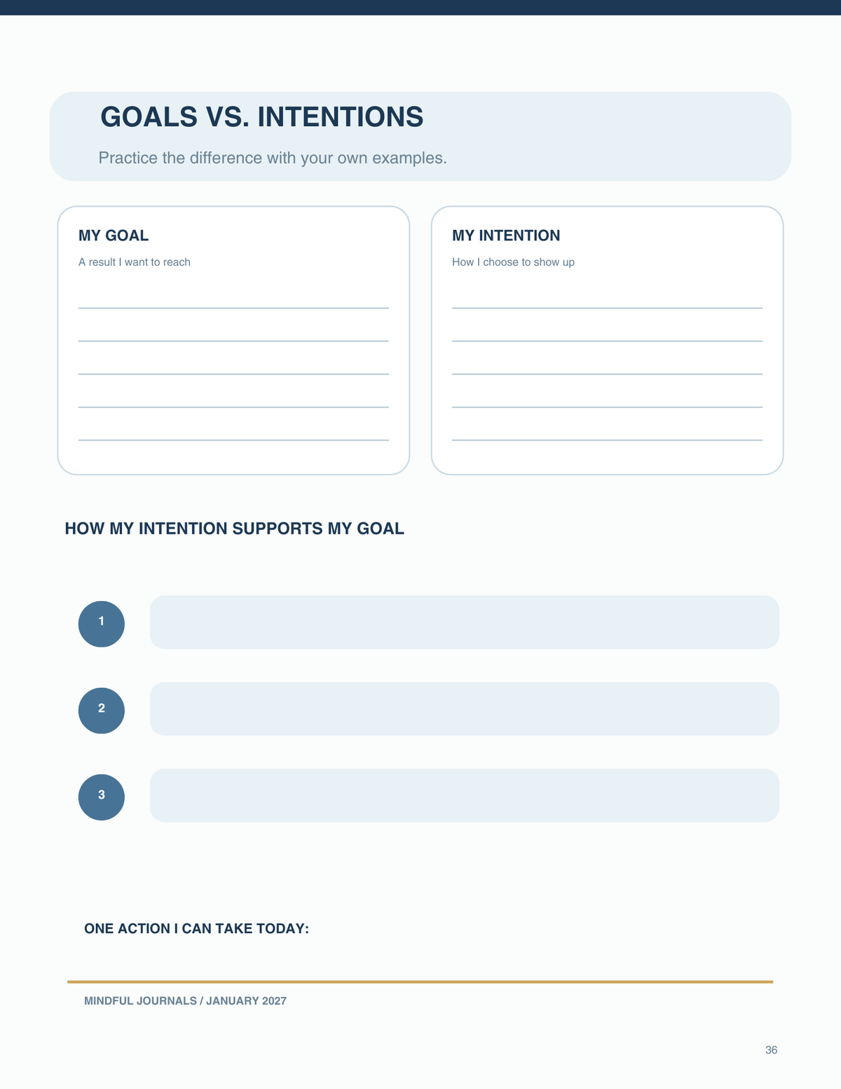 January journal Goals vs. Intentions worksheet with spaces to connect an intention to a goal and choose an action.