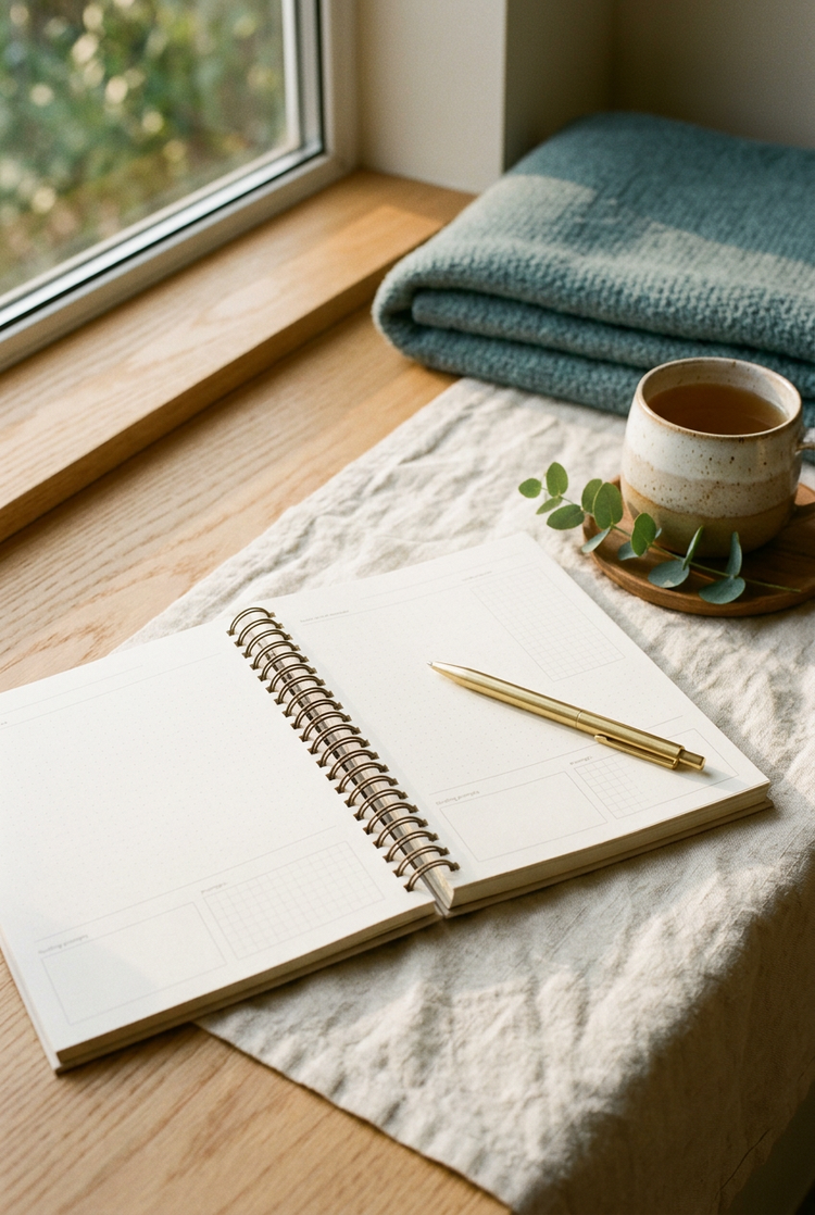 An open spiral-bound journal with a gold pen and a cup of tea by a sunlit window