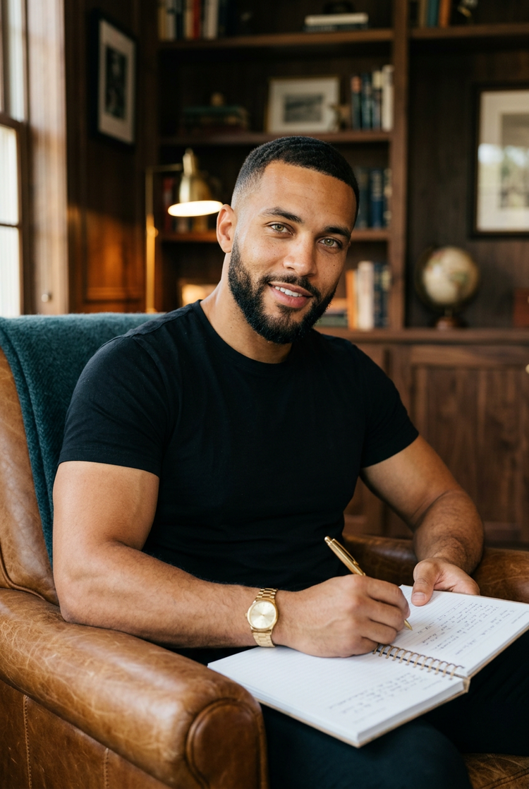 A smiling man writing in a spiral-bound journal in a leather armchair in a wood-paneled study