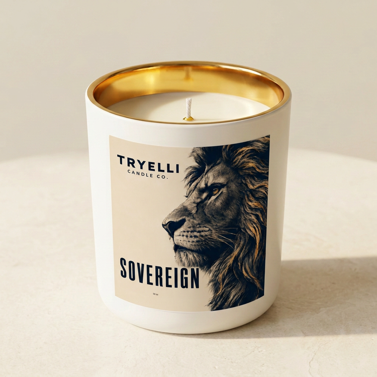 Sovereign candle from TryElli Candle Co. in an ivory jar with a gold interior