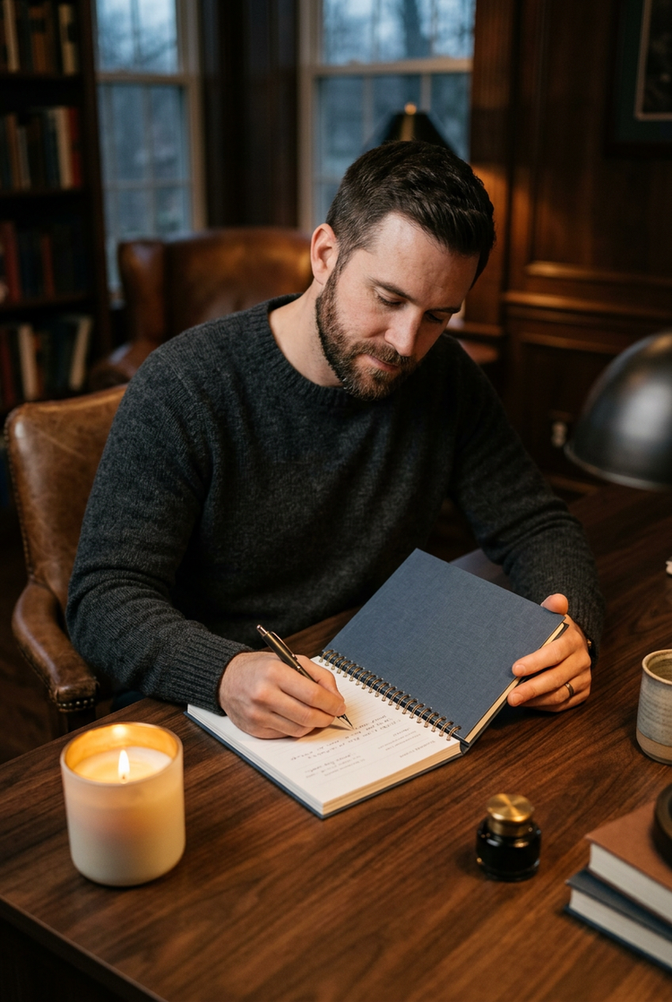 Man writing in a spiral-bound guided journal at a wooden desk beside a candle