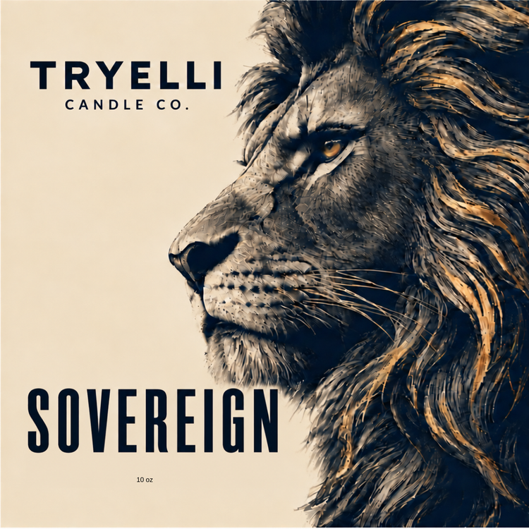 Sovereign candle label from TryElli Candle Co. showing a lion in profile