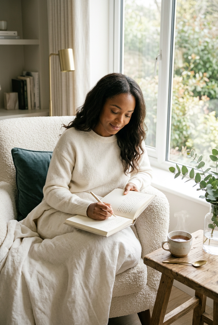 A woman writing in a journal in a cozy armchair by a sunlit window