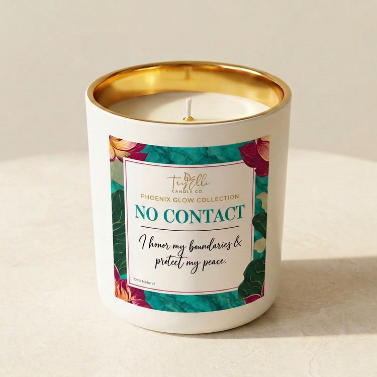 No Contact candle from the Phoenix Glow Collection in an ivory jar with a gold interior