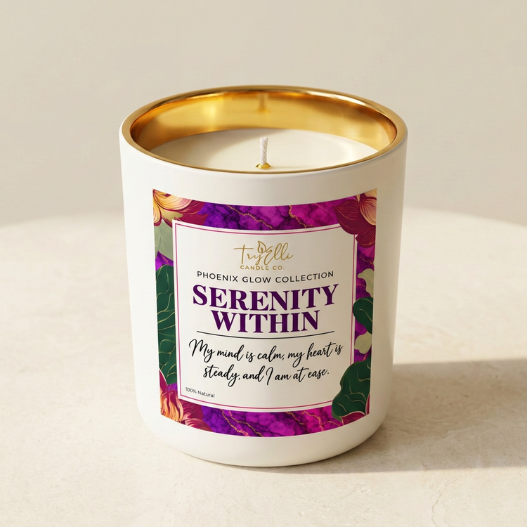 Serenity Within candle from the Phoenix Glow Collection in an ivory jar with a gold interior
